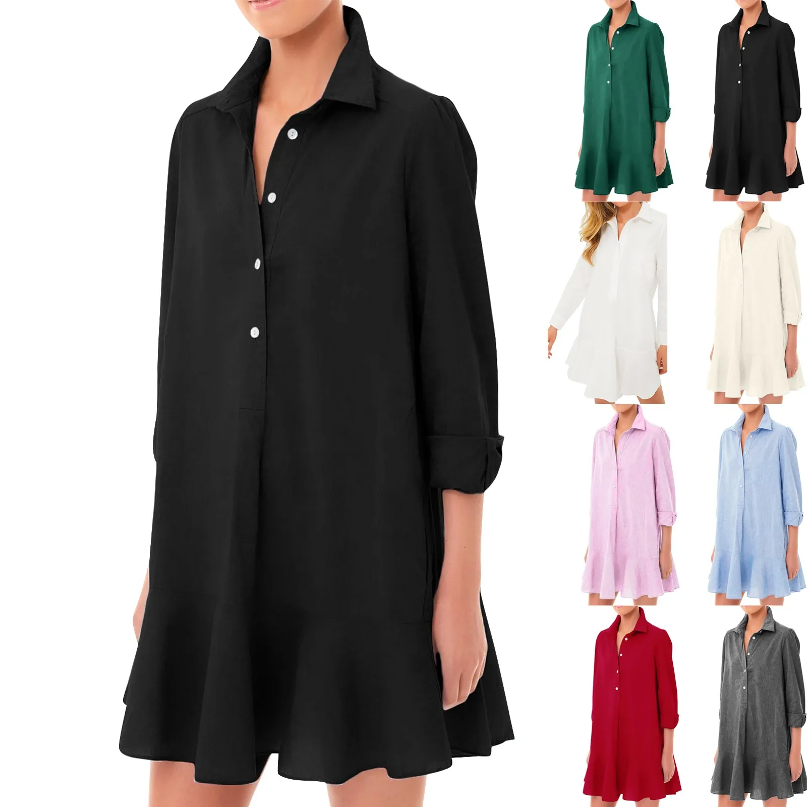 Women Loose Dresses Fashion Casual Half Open Shirt Hem Ruffle Classic Solid Dresses Daily Commute Date Simple Long Sleeve Dress