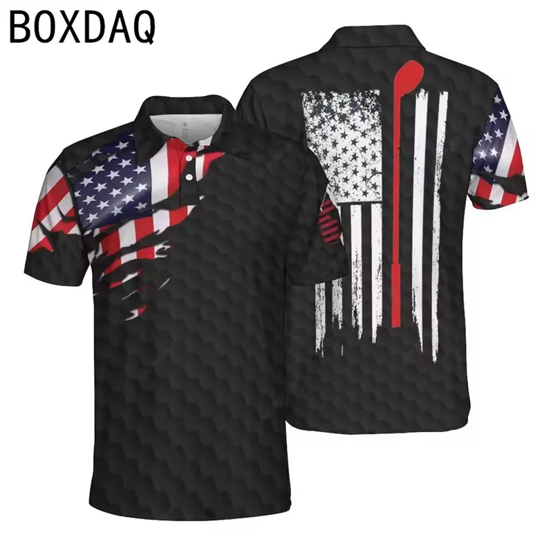 Men Black Polo Shirt American Flag Printed Shirts 3D Golf Sports Style Sport Tops Plus Size Summer Men's Short Sleeve Lapel Polo