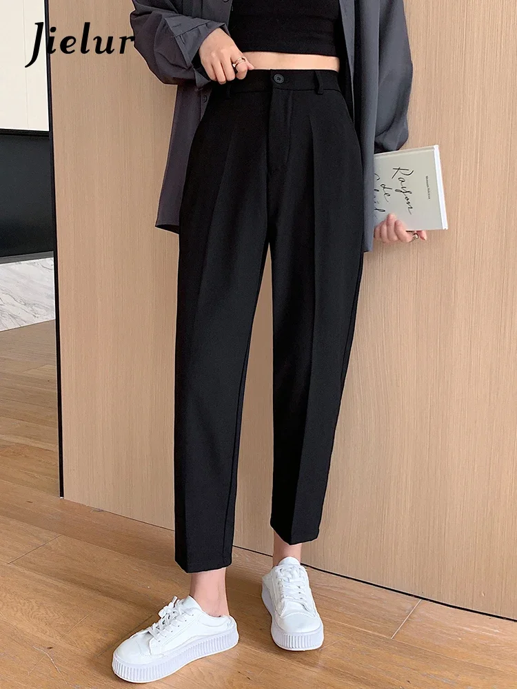 Jielur Nieuwe Office Lady Eenvoudige Vrouwelijke Pak Broek Zomer Hoge Taille Effen Kleur Casual Mode Damesbroek Chique Harembroek