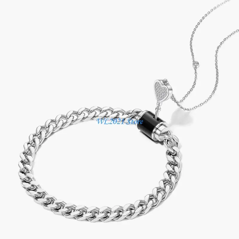 

G5GC 2pcs Couple Stainless Steel Heart Pendant Necklace Lock Charm Bracelet