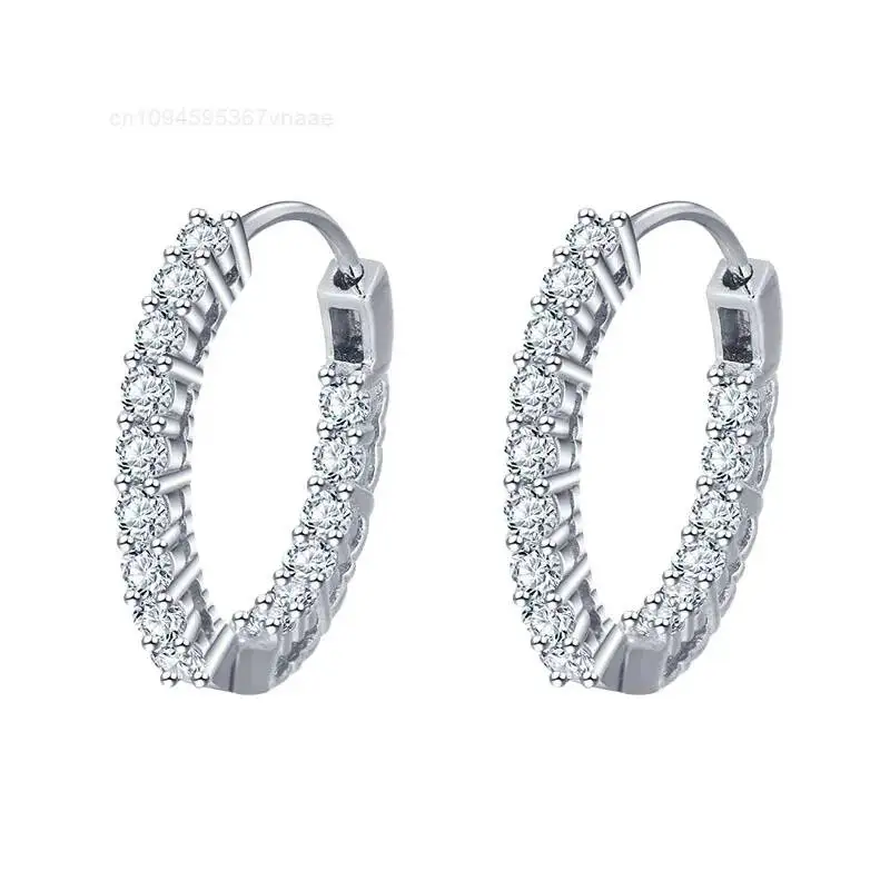 925 Sterling Silver Men & Women Hip Hop Iced Hoop Earrings 15mm Rhodium Plated 5A CZ Zircon