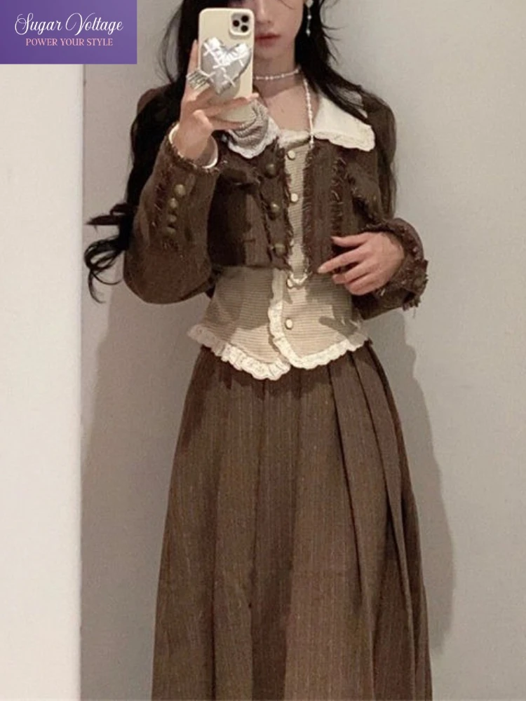 

Maillard Vintage College Style 3 Piece Set Women Autumn Short Jacket Shirt Pleated Skirt Outfit Elegant Retro Preppy Fashion