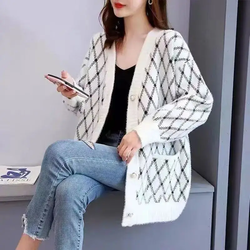 

2025 Women's Non Shedding Diamond Jacquard Faux Mink Knit Cardigan Soft Cozy Sweater Coat Fall Winter New