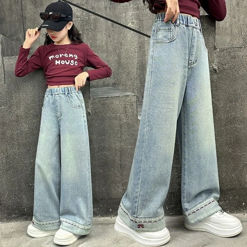 Fashionable Wide Leg Jeans for Girls Spring Autumn New Style Kids Loose Straight Tube Denim Pants Children's Trousers Age 4-15Yr