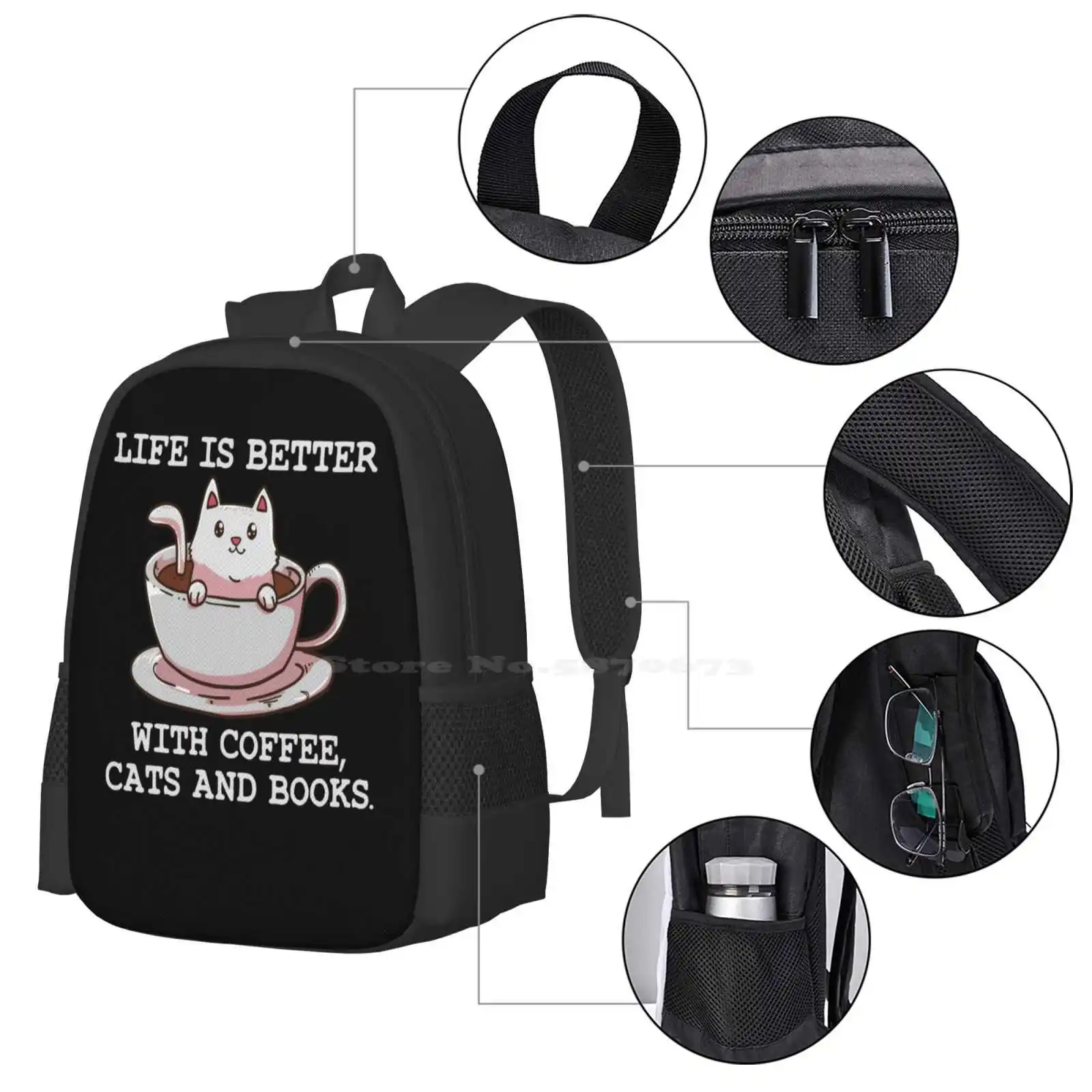 Mochila con diseño de gato para adolescentes, bolsa de diseño de gato bebedero, Anime, lectura de gusano, Neko, cafetería, mascota