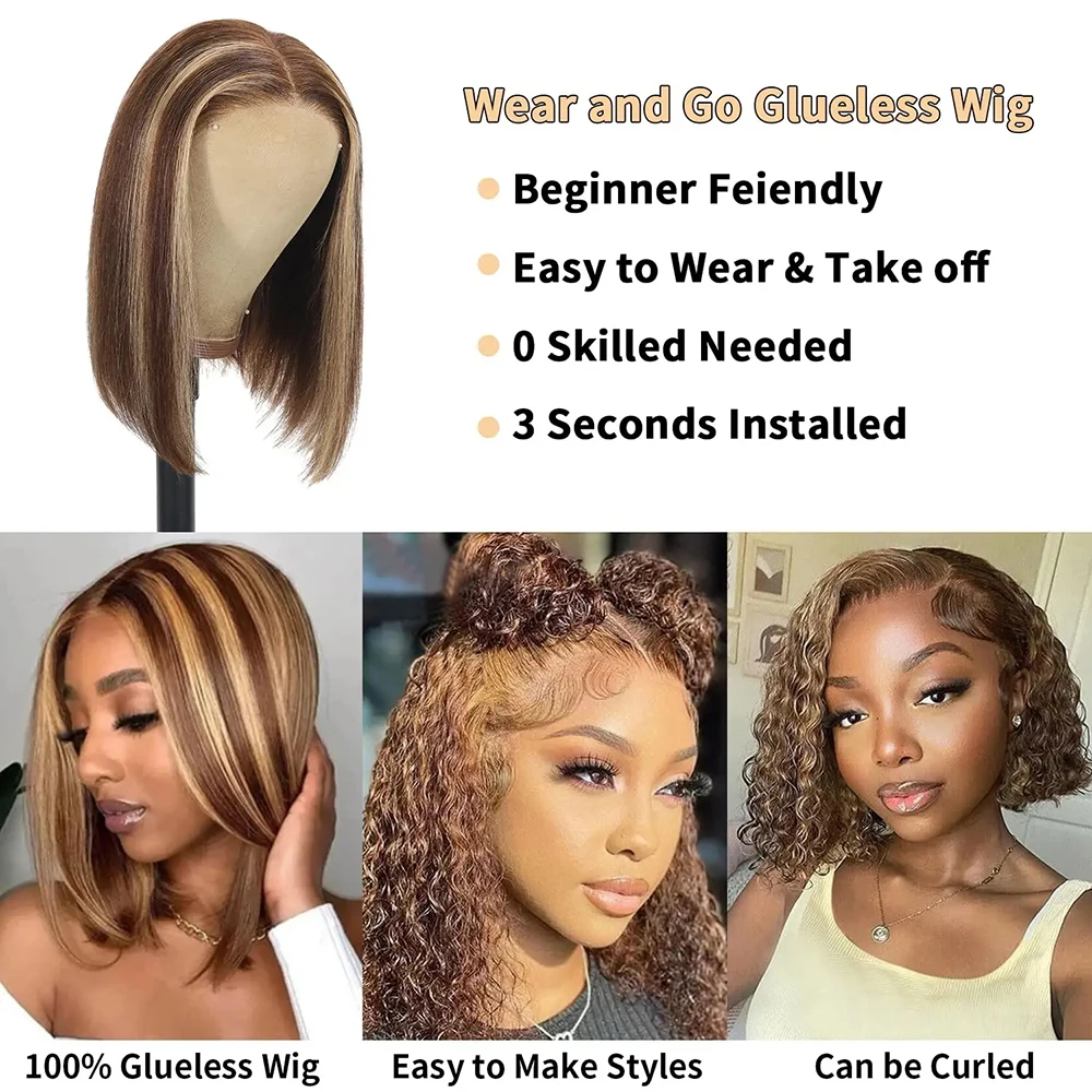 Glueless Wigs Straight Bob Wig Lace Front Human Hair Wigs Wear And Go Wig Glueless 6x4 HD Lace Frontal Wigs Pre Cut PrePlucked