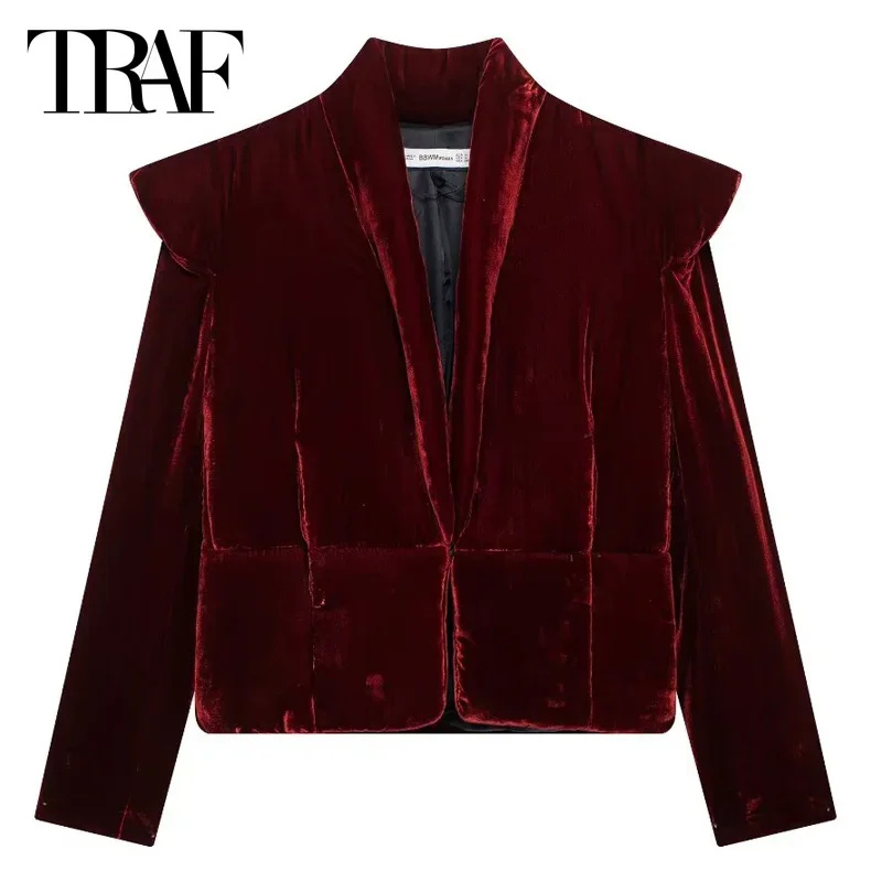 TRAF Autumn Women\'s Winter Jacket Burgundy Quilted Jacket Woman Outerwears Crop Velvet Long Sleeve Coat Lightweight Padded Women