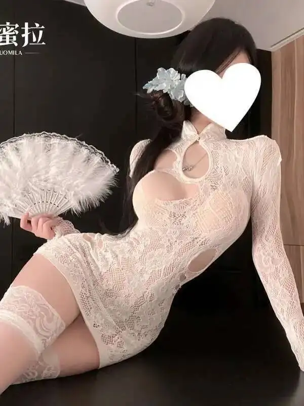 مثير جديد النمط الصيني شير الجاكار صافي شيونغسام مثير الرغبة النقية عارية الأرداف فستان أنيق شبكة فستان بكم طويل 34WO