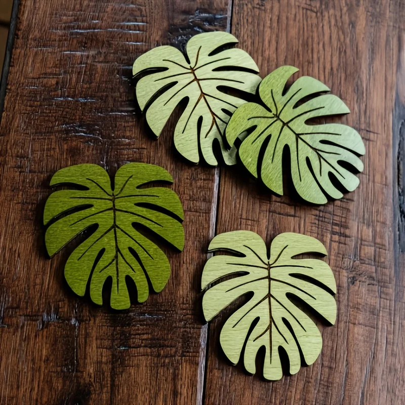 2D Plane, 6pcs Monstera Natural Forest Wooden Coaster Set, Heat Insulation Coaster, Anti-Scalding Table Mat, Plate Coaster