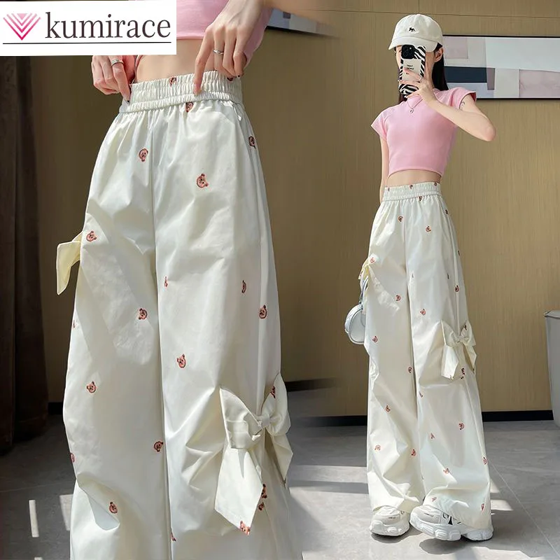 Printed Three-dimensional Bow Decoration Sweet and Spicy Teddy Bear Casual Work Pants for Women's Summer Loose Wide Leg Pants