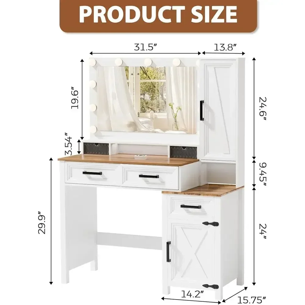 LED Mirror Vanity Desk with Charging Ports, 3D Storage, Adjustable Lighting, White Makeup Vanity