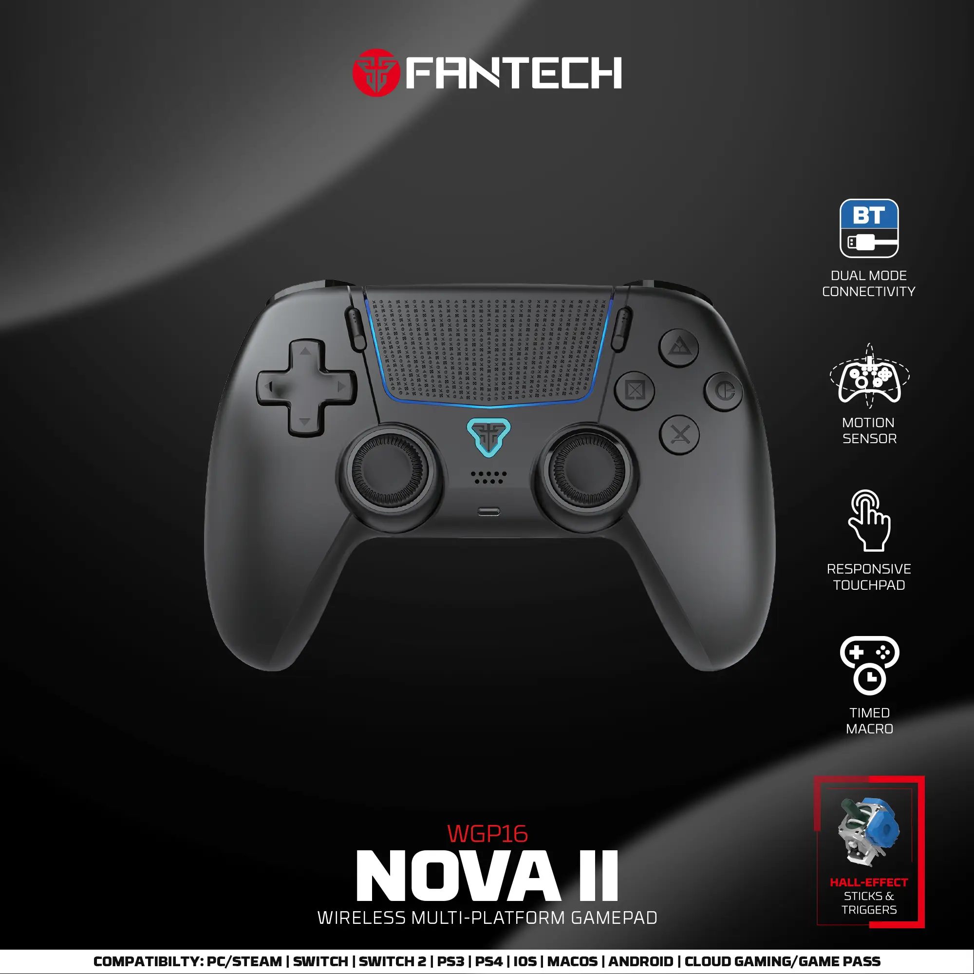 FANTECH NOVA II WGP16 Gamepad sem fio Sensor giroscópio Hall Joystick e gatilho de efeito para PS4 NS2 Controlador com fio Gamer