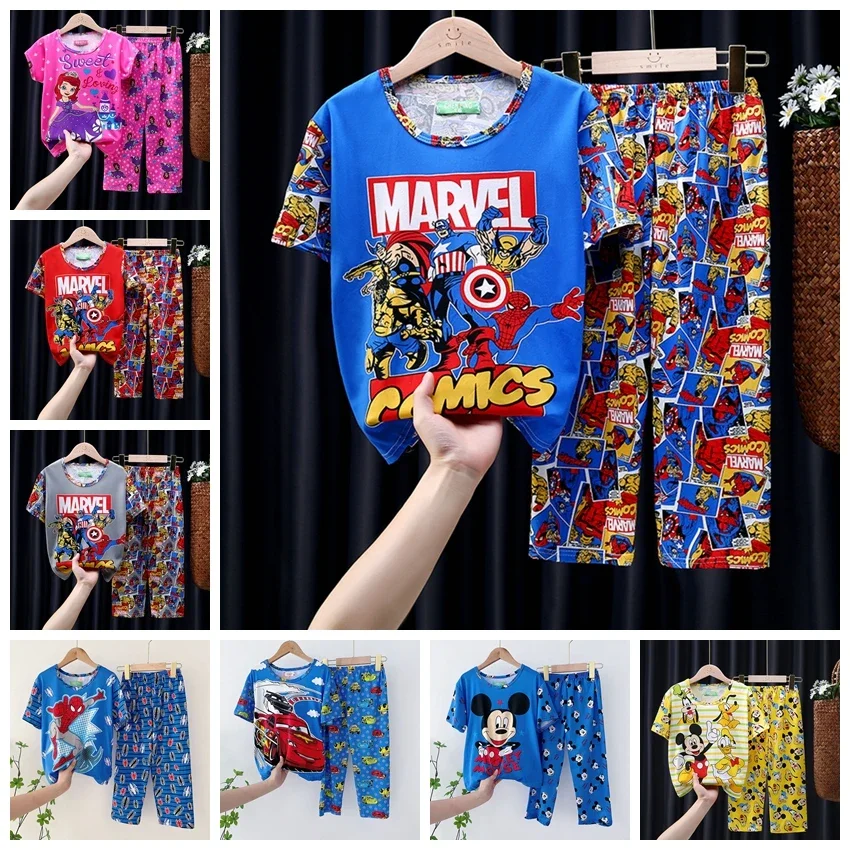 Baby Boy Girl Pajamas Set Cartoon Marvel Spiderman Mickey Sofia Kid Short Sleeve Top Pant 2 Pcs Set Sleepwear Children Nightgown