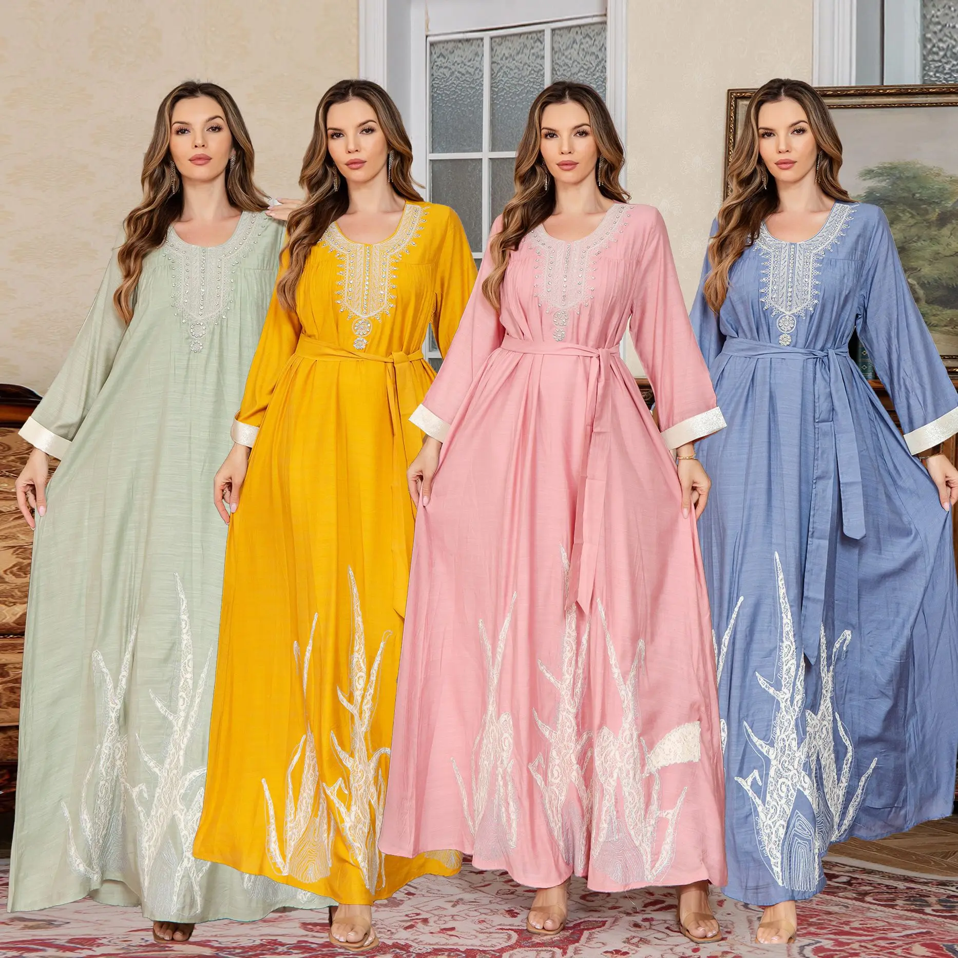 Muslim New Fashion Women's Casual Trendy Solid Color Embroideried Loose Long Sleeve Sash Pullover Abaya Female Middle East Arab
