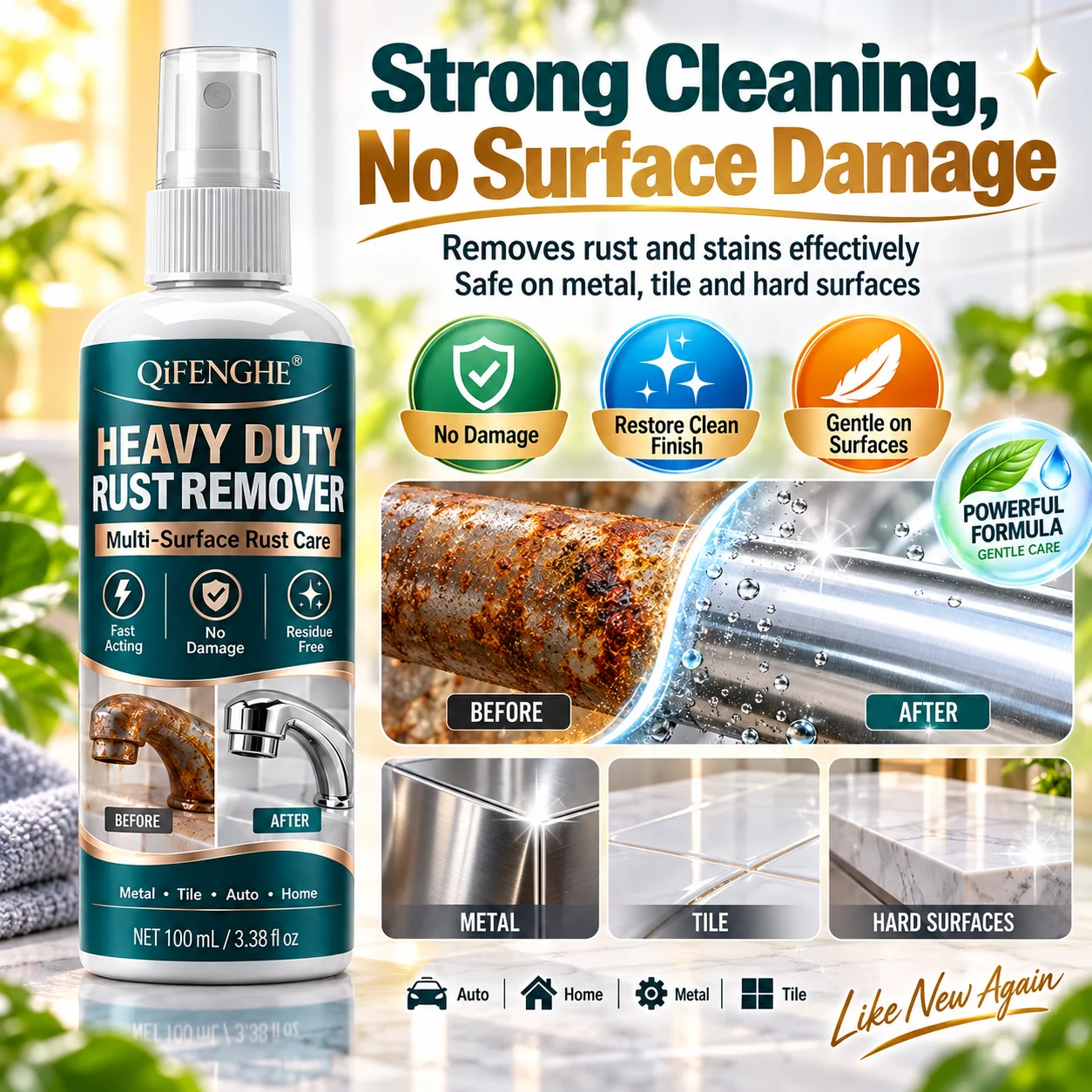 Fast Acting Rust Remover for Metal Car Wheels Tiles and Home Surfaces Deep Cleaning Formula
