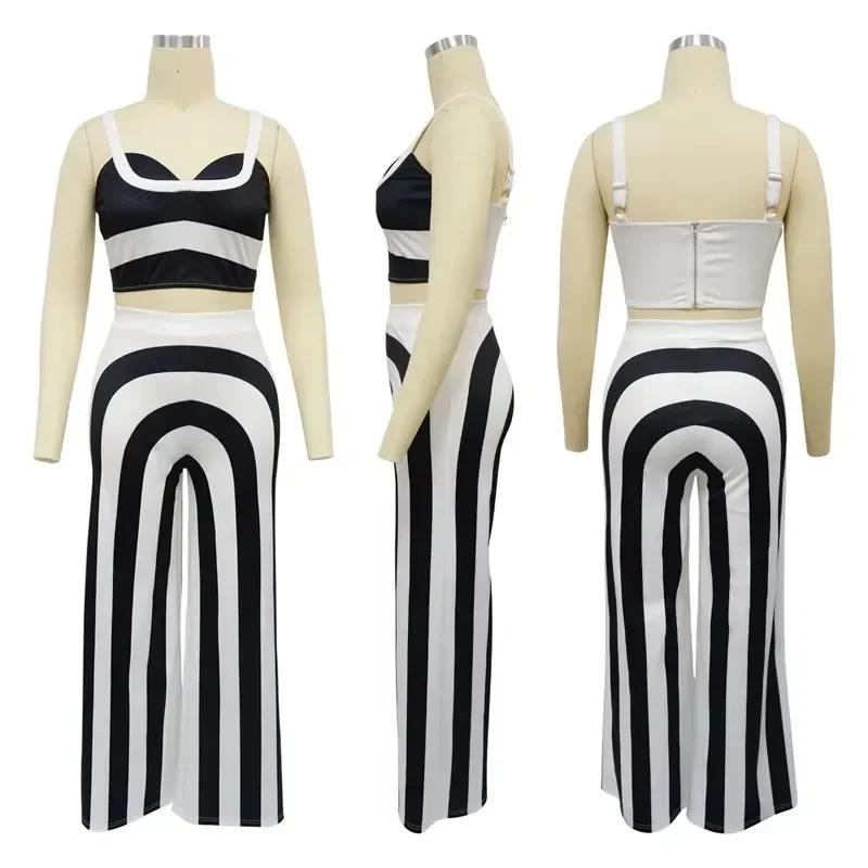Striped Print Birthday Outfits Women 2 Piece Set Outfit Clubwear Party Crop Top and Wide Leg Pants Conjuntos Femininos Elegantes