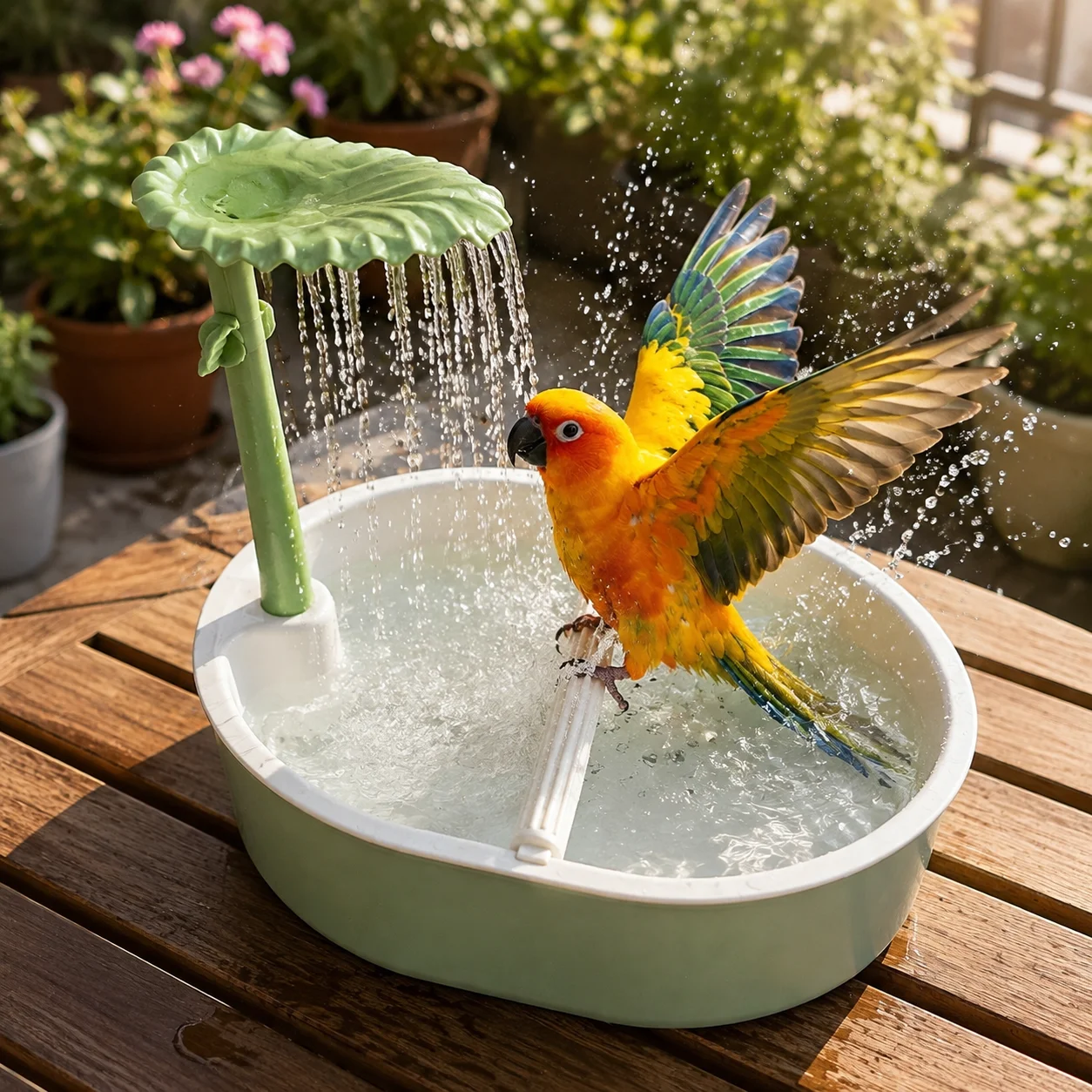 Automatic Parrot Bird Bath with Water Pump | Large-Capacity Water Fountain + Three Water Flow Modes | Leaf-Shaped Shower Device | Circulating Water Supply Design | Suitable for Cockatiels, Budgerigars, Conures, Cockatoos, Lovebirds, Finches, and Other Pet Birds