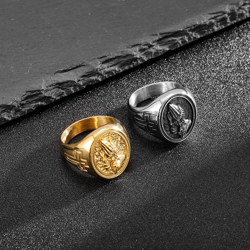 

Vintage Hip Hop Prayer Hand Cross Ring Stainless Steel Men Adjustable Finger Ring Punk Rock Trendy Male Jewelry