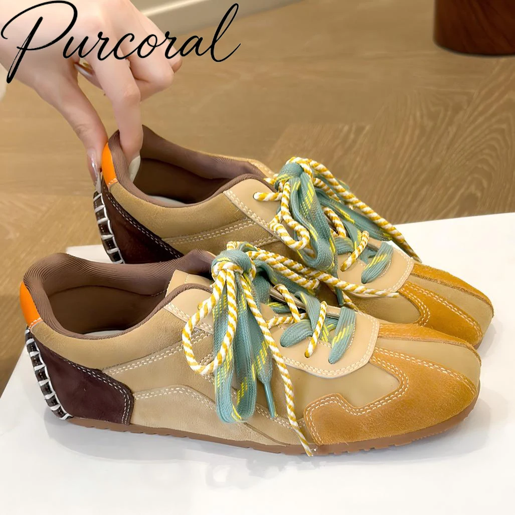 Purcoral 2026 Women Retro Color Blocking Sneakers Multicolor Braided Laces Flat Casual Shoes Ladies Soft‑Sole Vintage Sneakers
