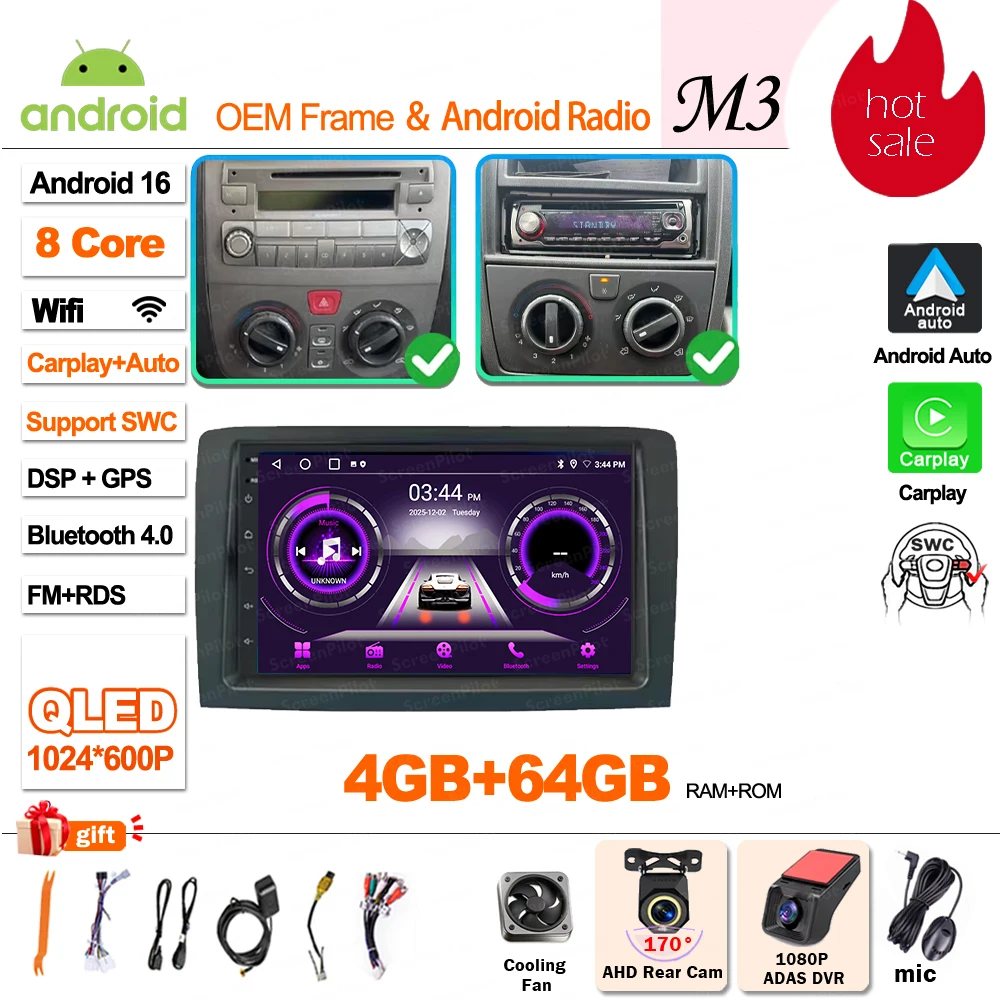 Android 16 Carplay Display Scherm GPS Navigatie Autoradio voor Fiat Idea Lancia Musa 2003 2004 2005 2006 2007 2008, geen 2din video.