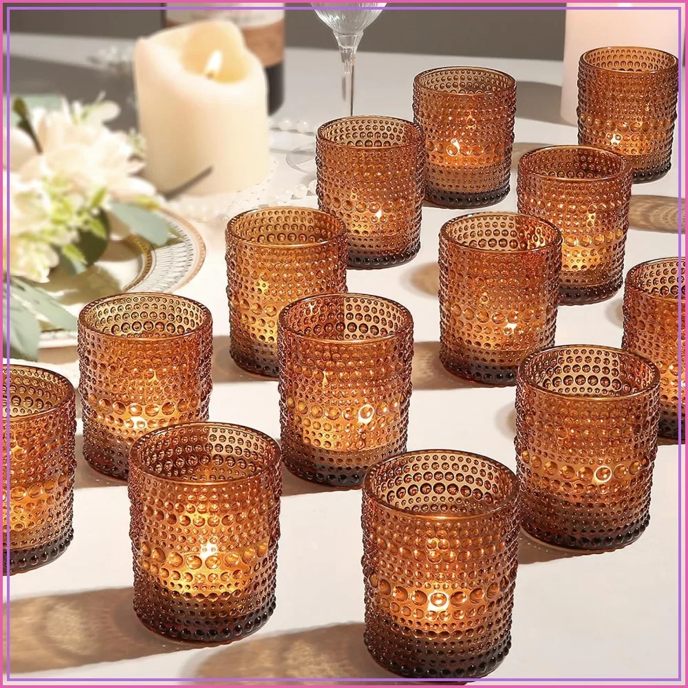 

48pcs Amber Votive Candle Holders 2x2.5in Vintage Glass Tealight Candle Holder for Wedding Centerpieces