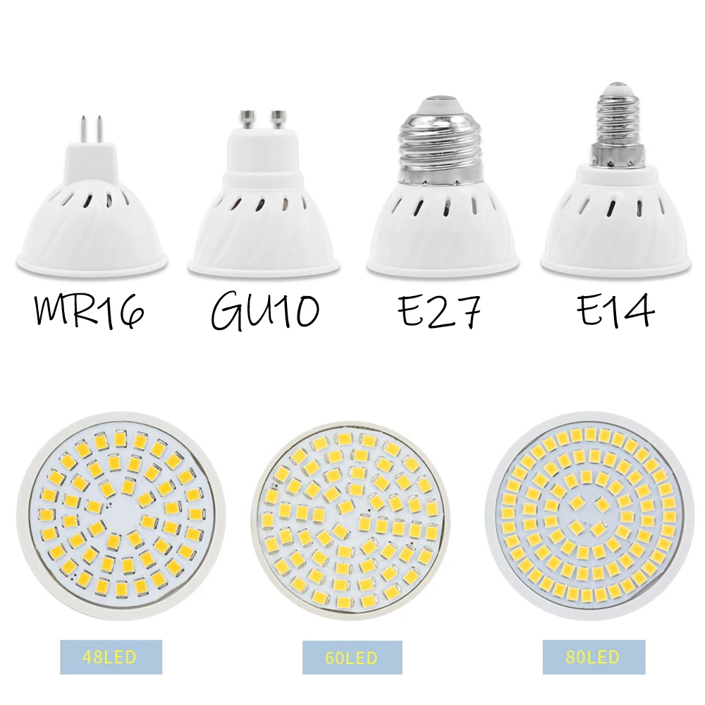 10Pcs/Lot GU10 MR16 LED Bulb E27 E14 LED Lamp AC 220V 240V 48 60 80 LEDs Spotlight Bulb Indoor Bombillas Lampada LED Spot light