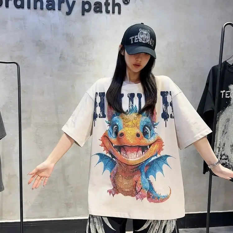 Fashionable New Spring Summer Loose Women T-shirt Round Neck Pullover Top Luxury Cartoon Hot Diamonds Streetwear Cotton Tees