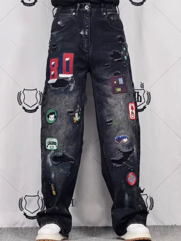 

Parisian Trend Heavy Embroidery Patched Hole Design American Loose Straight Leg Jeans Retro Waed High Waist Denim Pants
