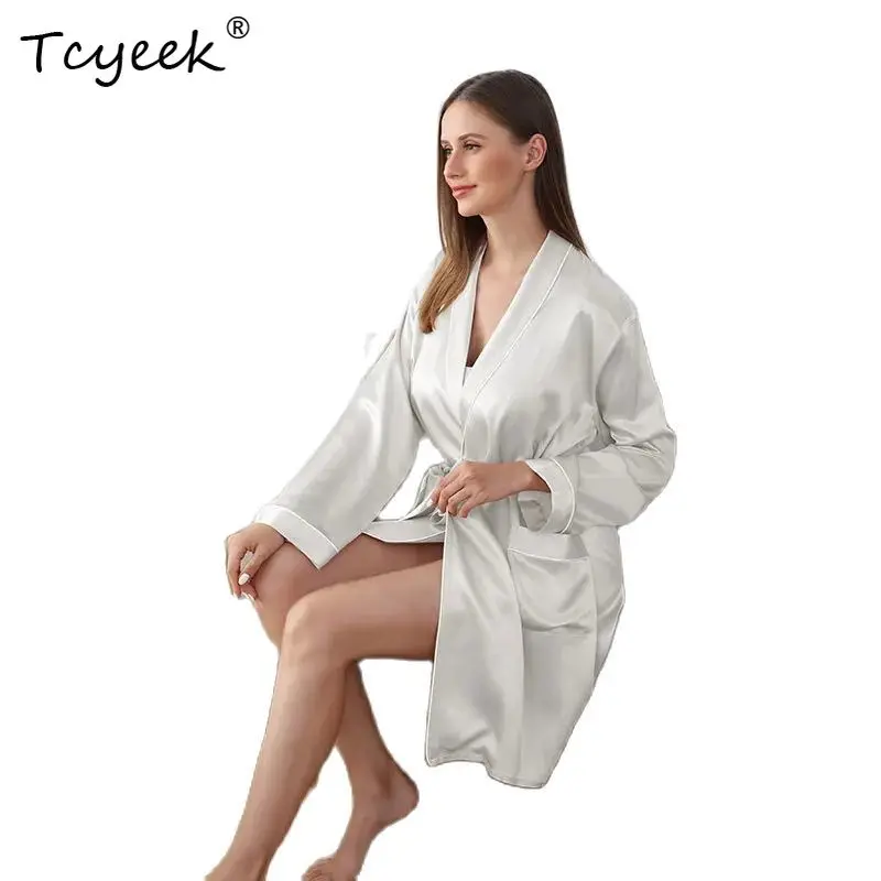 

Tcyeek 19Momme 100%Pure Mulberry Silk Robe for Women Silky Sleepwear Ladies Elegant Nightgown V-neck Natural Pajamas P41112QM