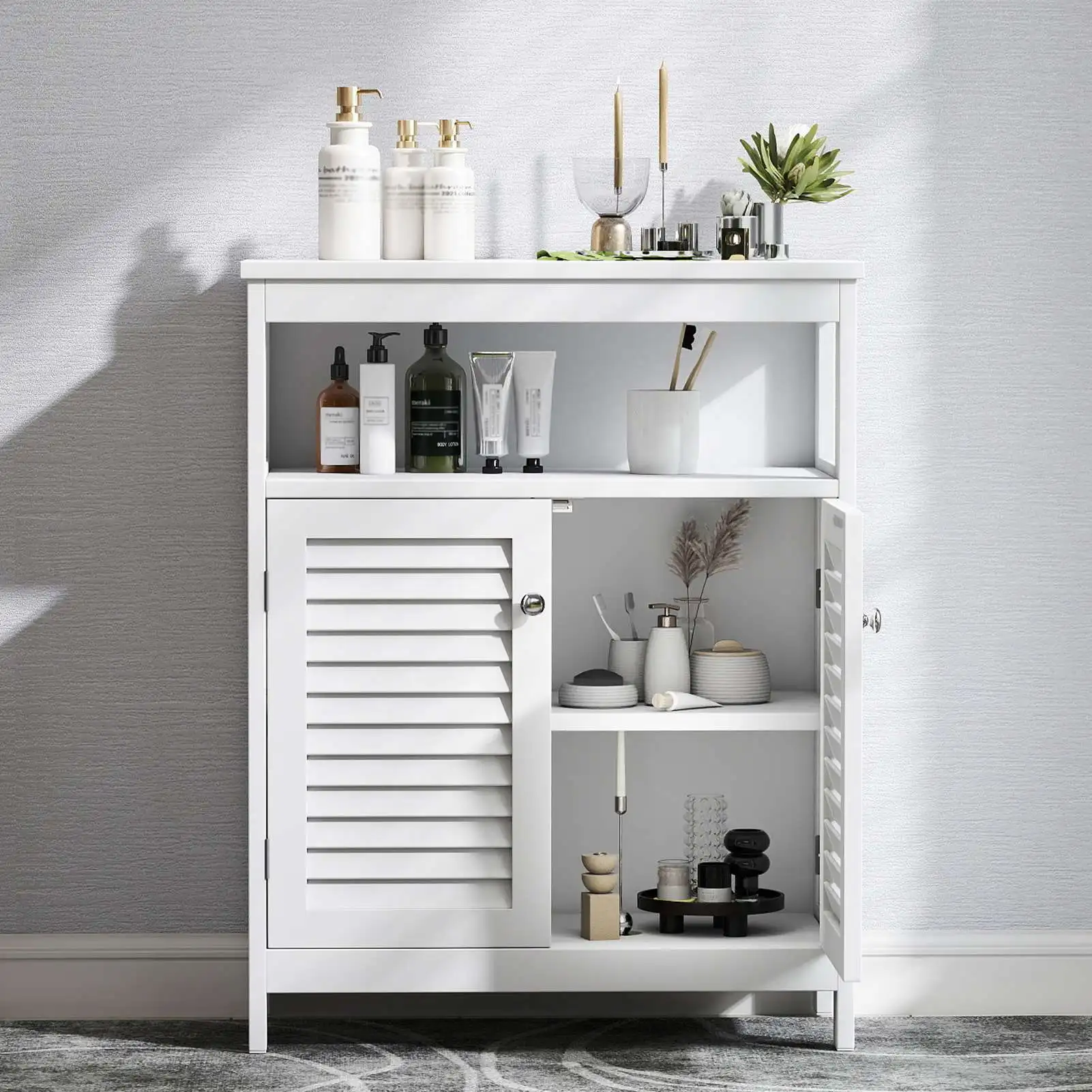 Bathroom Storage Cabinet White Waterproof Wooden Freestanding Cabinet with Removable Shelf Shutter Doors for Home Hotel
