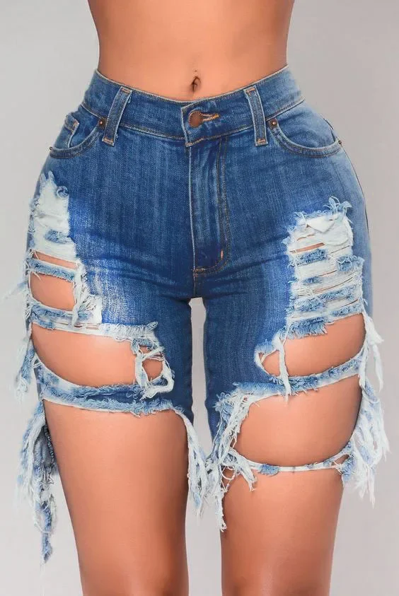 

Fashion Irregular Tearing Holes Stretch Women Sexy Denim Shorts High Waist Distressed Biker Shorts