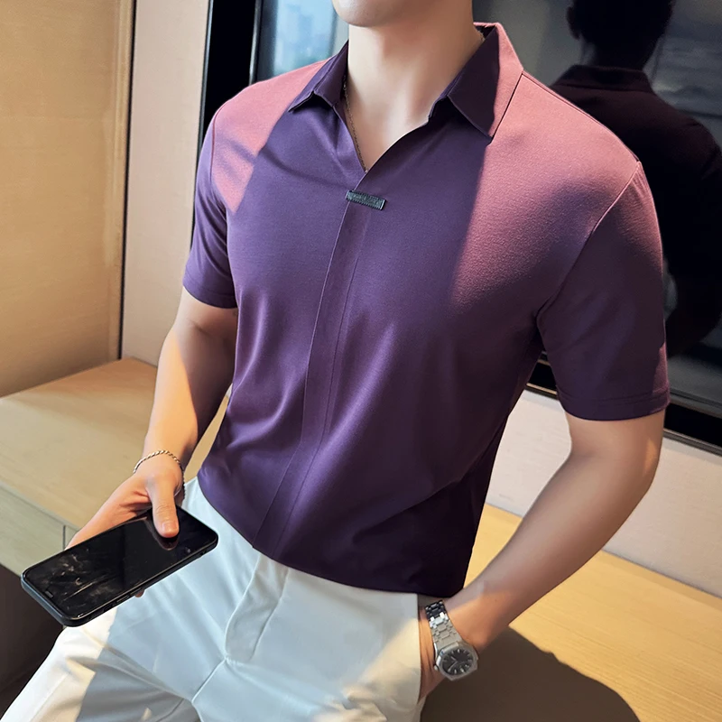 

High Elasticity Sexy V-neck Short Sleeve Polo Shirt Men's Summer Ice Silk Traceless Casual Lapel T-shirts Slim Business Tee Tops