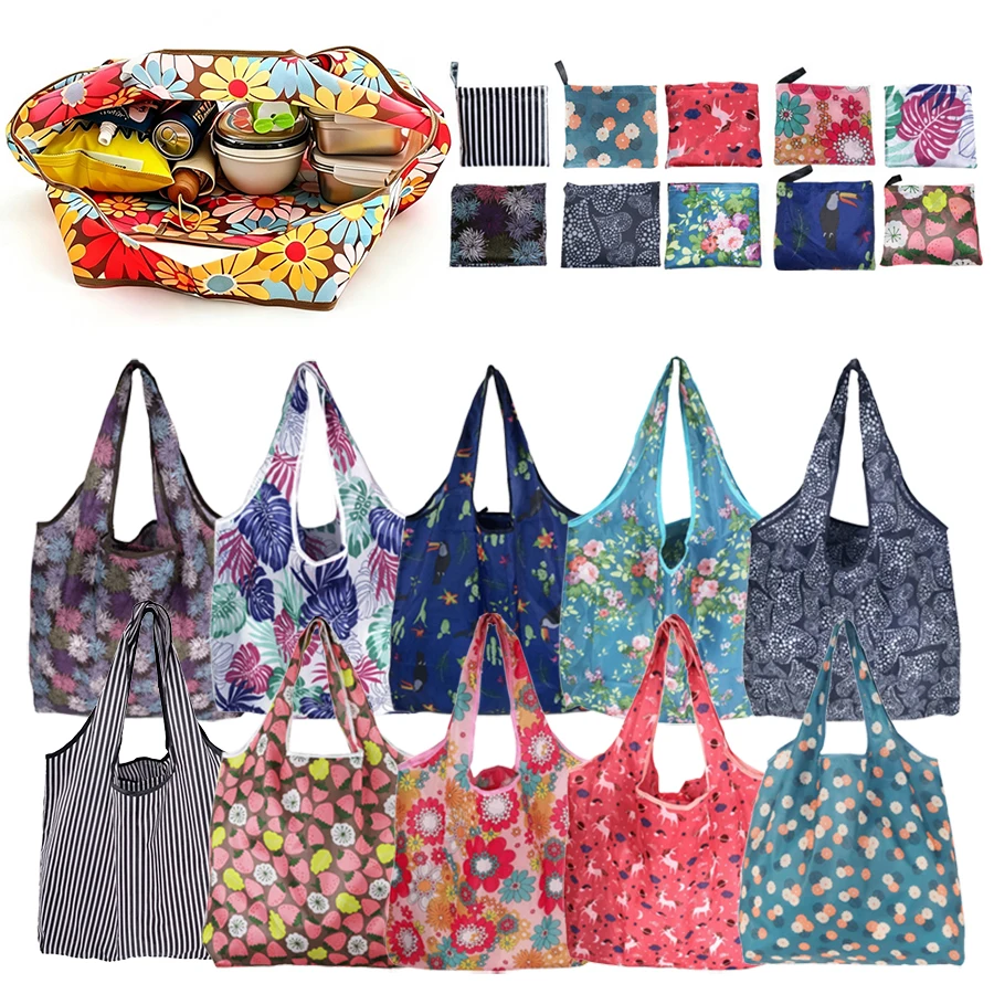 3/6PC Foldable Shopping Bag Reusable Grocery Tote Portable Collapsible Supermarket Picnic Favors Fabric Bag Assorted Pattern ZYF