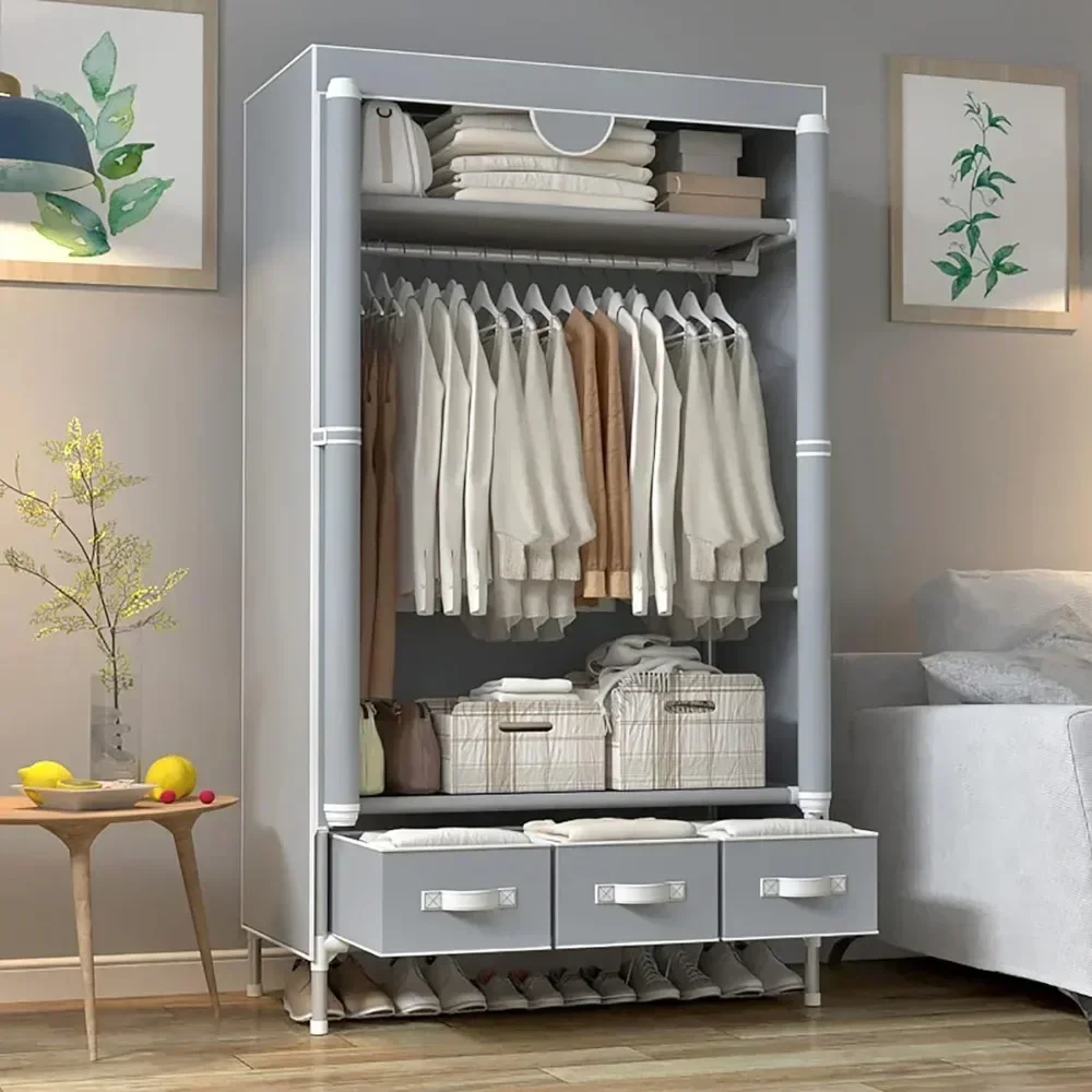 Wardrobe portable cloakroom roll-up wardrobe with hanger non-woven storage rack with three drawer boxes