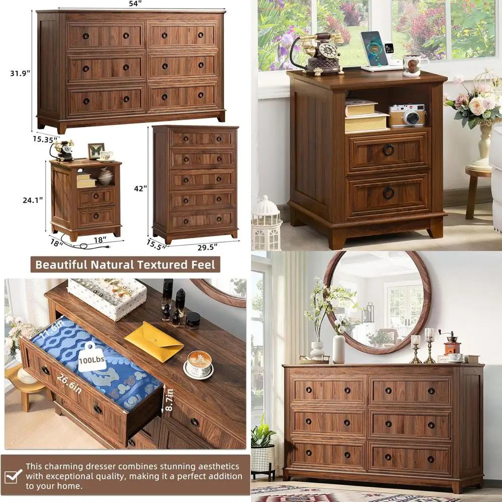 

4-Piece Bedroom Furniture Set: 6-Drawer Dresser, 42 Tall Chest, 18 Nightstands with Charging Stations