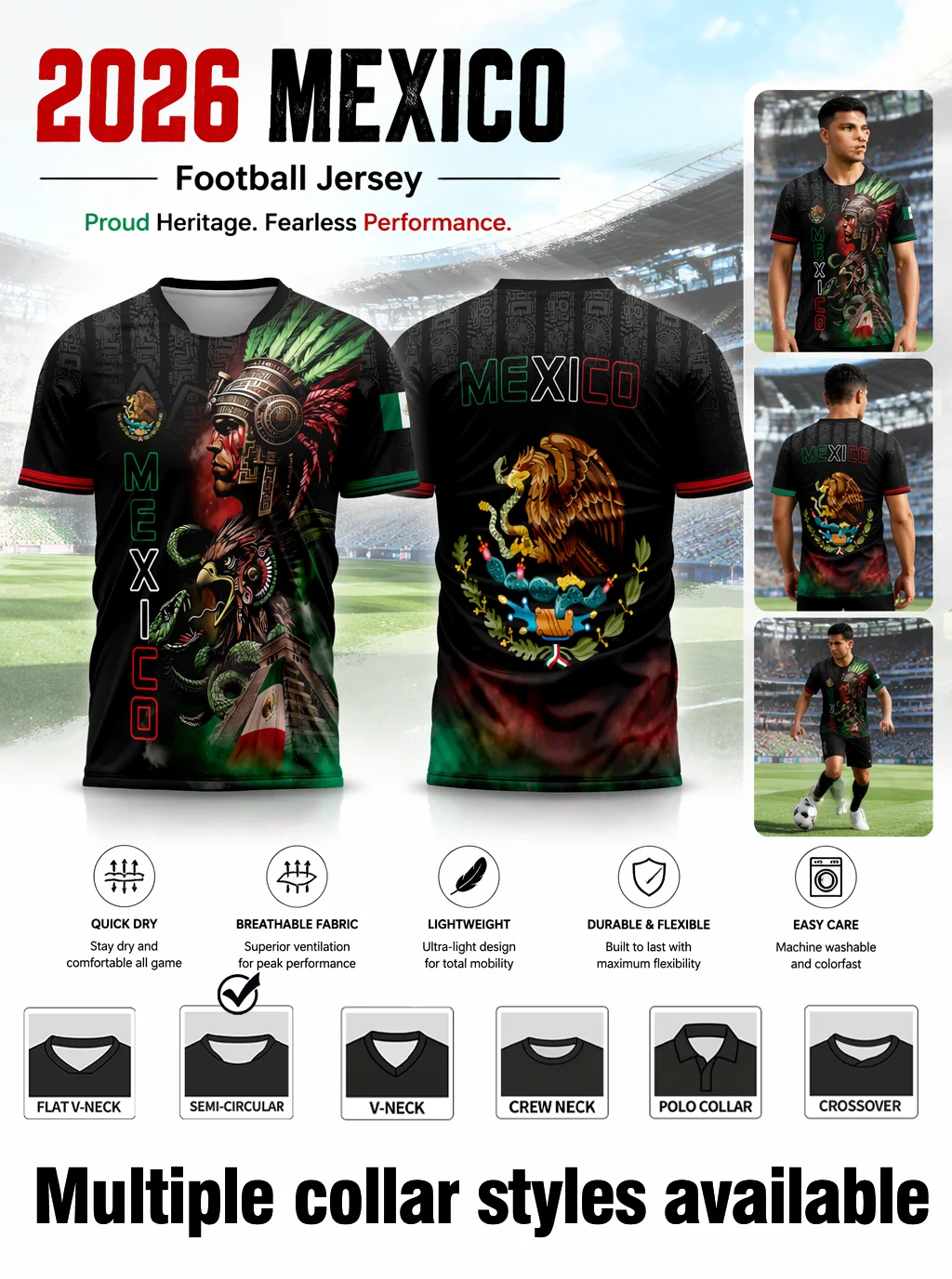 2026 new ethnic‑style Mexico football jersey, striking ancient warrior graphic, sweat‑wicking, wash‑resistant fabric