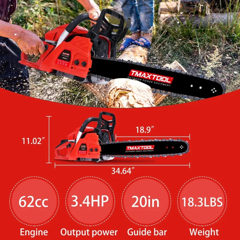 TMAXTOOL Tronçonneuse à gaz puissante de 20 pouces de 62 cc avec 2 temps – Parfaite pour les opérations de l'élagage, des membres et des scierie-Rouge
