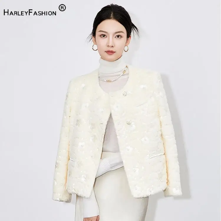 High Quality Imitation Velvet Lady Winter Outwear Jacket O-neck Long Sleeve Single-breasted Sequined Beading Coat For Women