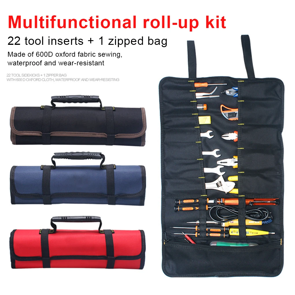 Oxford Cloth Wrench Storage Bag with Handle Rolling Tool Organizer Folding Pocket Accessory Professional Working Red