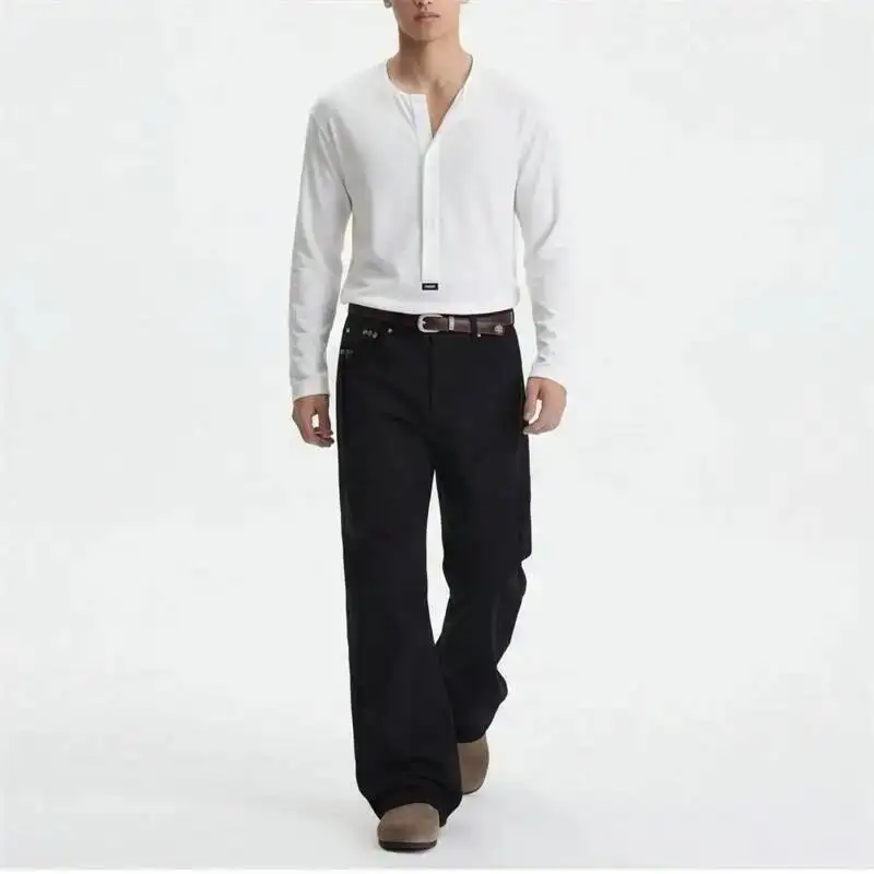 Spring Summer Men's Old Money Style Hand Stitched High Waisted Black Jeans Slightly Flared Slim Fit Cleanfit Pants KWJI