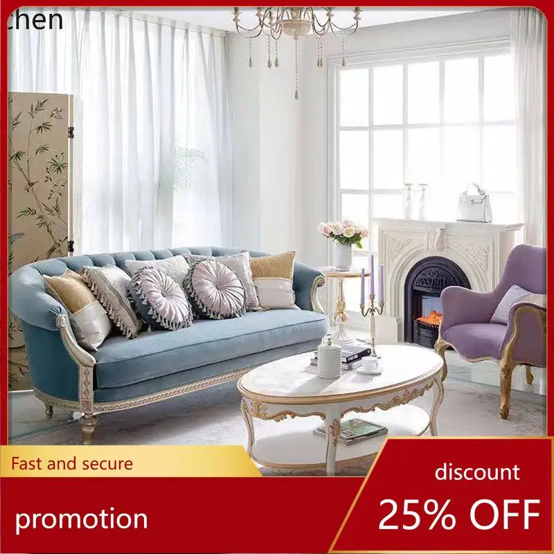 

CZ Solid Wood Fabric Sofa Set European Palace Style Carved Coffee Table Large Flat Living Room High-End Furniture