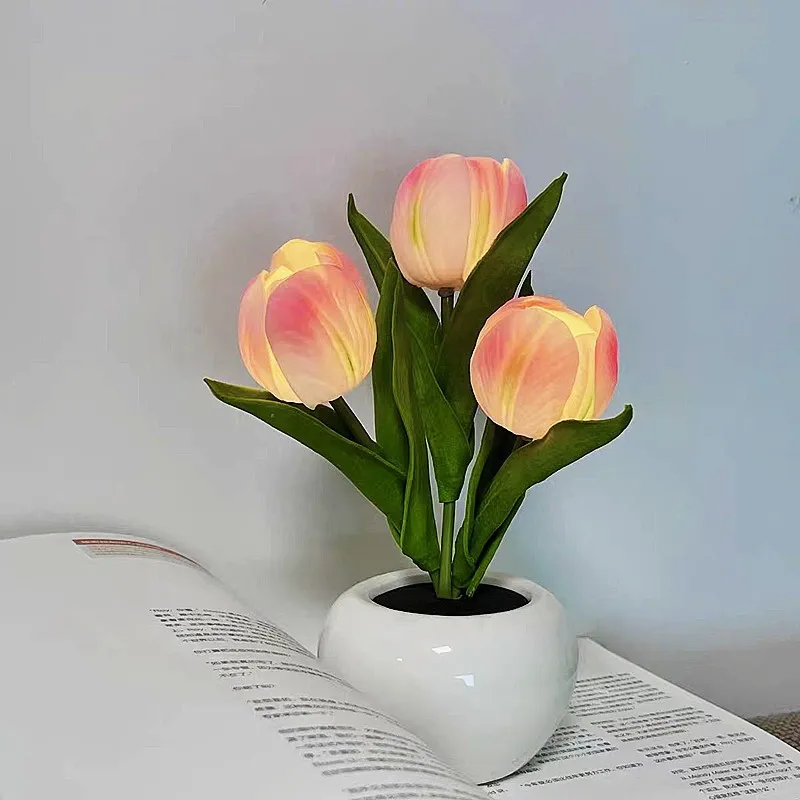 LED Simulation Tulip Night Light 3 Heads with Ceramic Vase Bedroom Bedside Lamp for Home Living Room Desktop for Home Decor