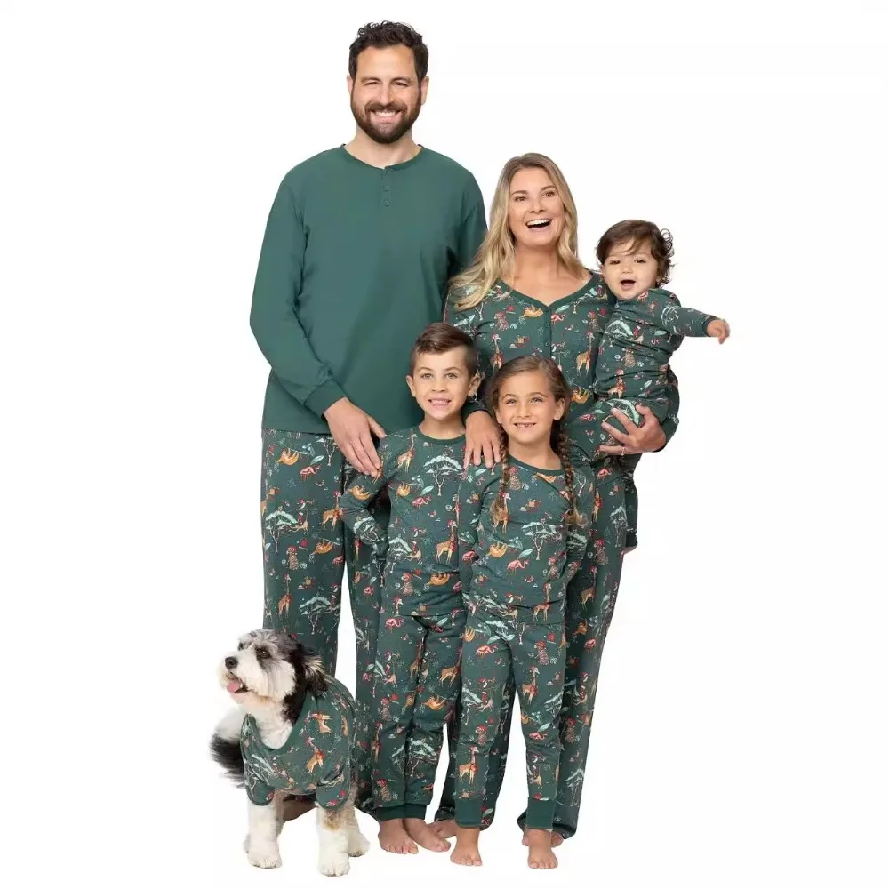 2025 Christmas Family Matching Outfits Greench Print Pjs Adult Child Clothing  Set Baby Jumpsuit+Dog Clothes Xmas Pajamas Set