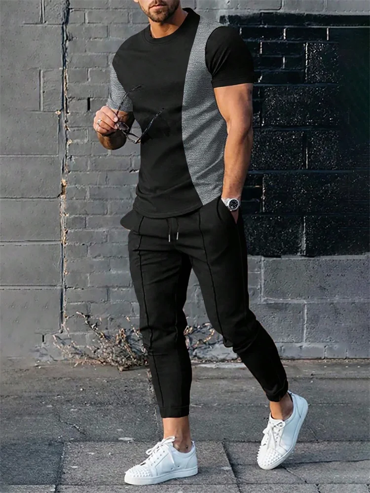 2025 Autumn Slim Men's Casual 2pcs Set, Urban Street Fashion Men's Short-sleeved Top And Casual Pocket Long Pants S-3XL