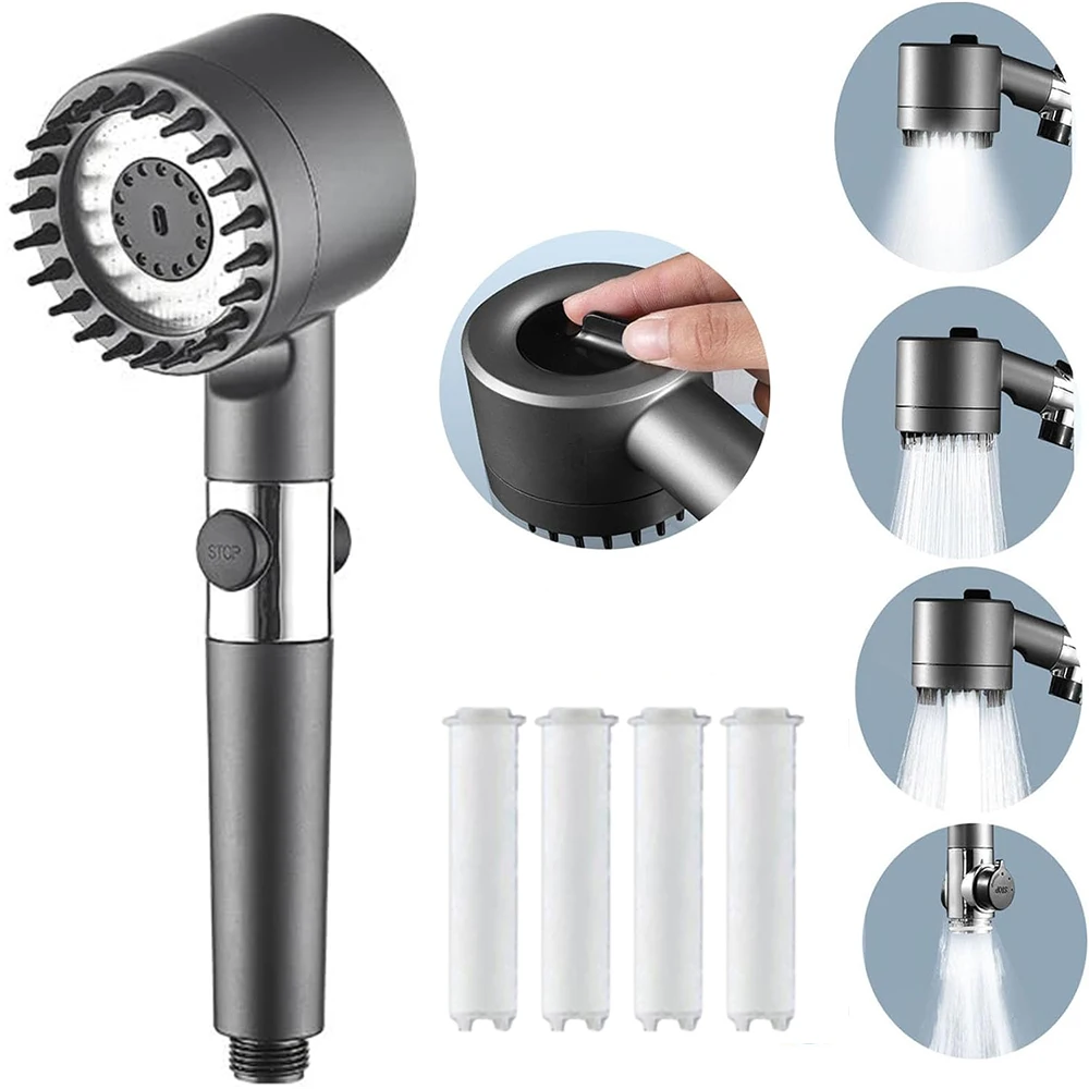 

4 Modes Handheld Shower Head with Massage Brush Cotton Filters One-click Stop Water Saving High Pressure Showerhead for Bathroom