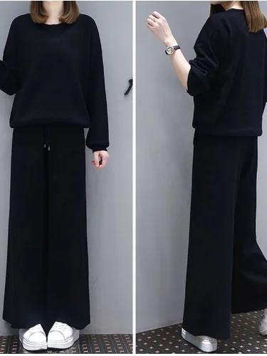 Fashionable plus Size Women's Outfit High Waist Wide Leg Pants Cover Belly Slimming Two Piece Set Korean Style Commute Wind