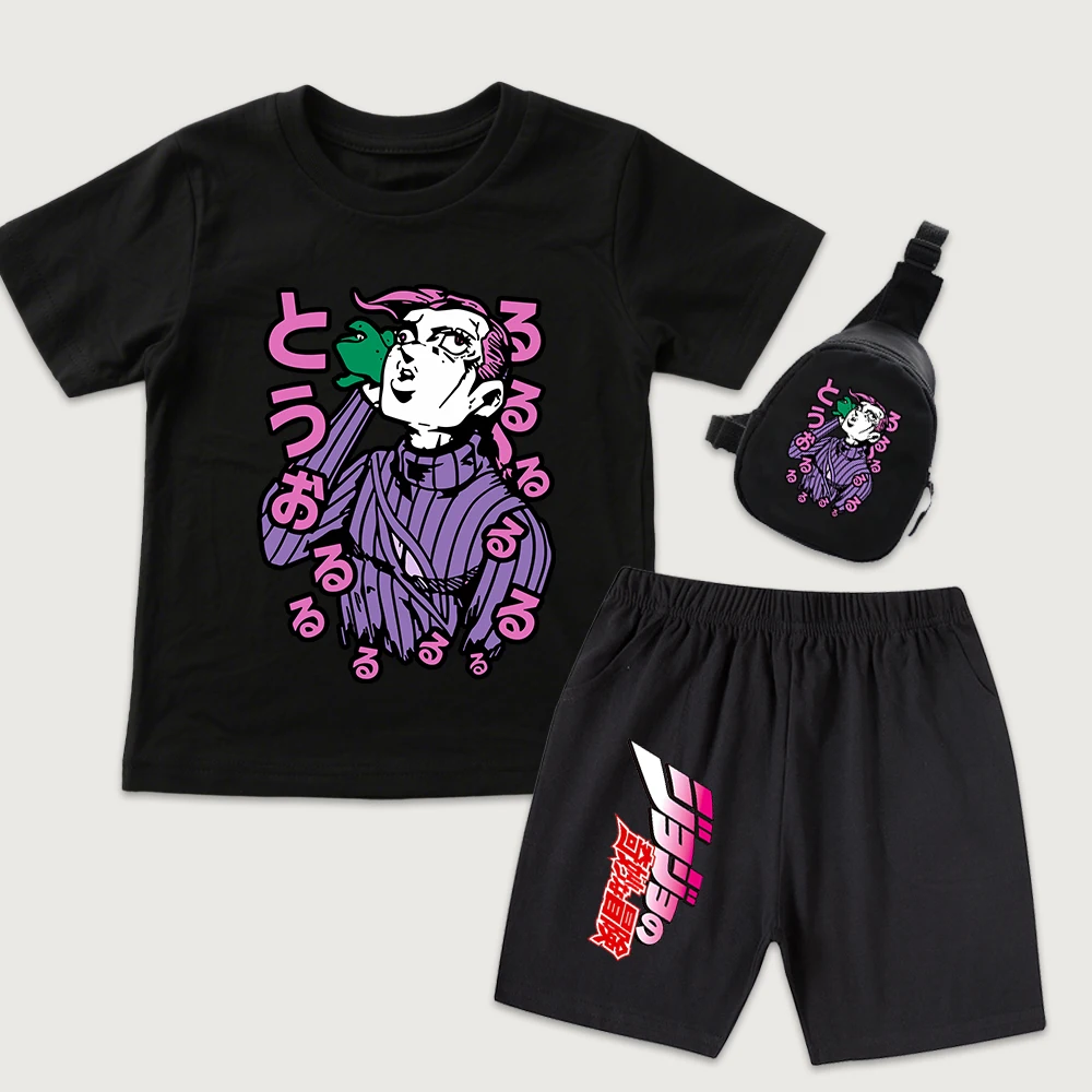 Jojo Vinegar Doppio Anime Print Kids Cotton T Shirt Shorts Mini Chest Bag 3 Piece Set for Boys Girls Summer Outfit