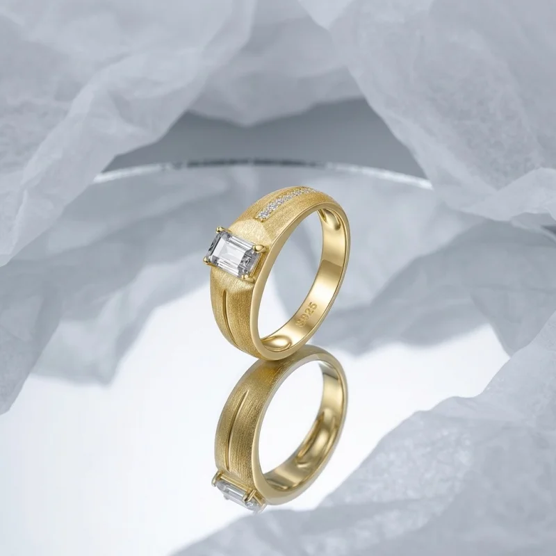 S925 Silver Plated 18K Gold Lab-Grown Diamond Emerald Moissanite Brushed Wedding Ring for Men – Wholesale Customization