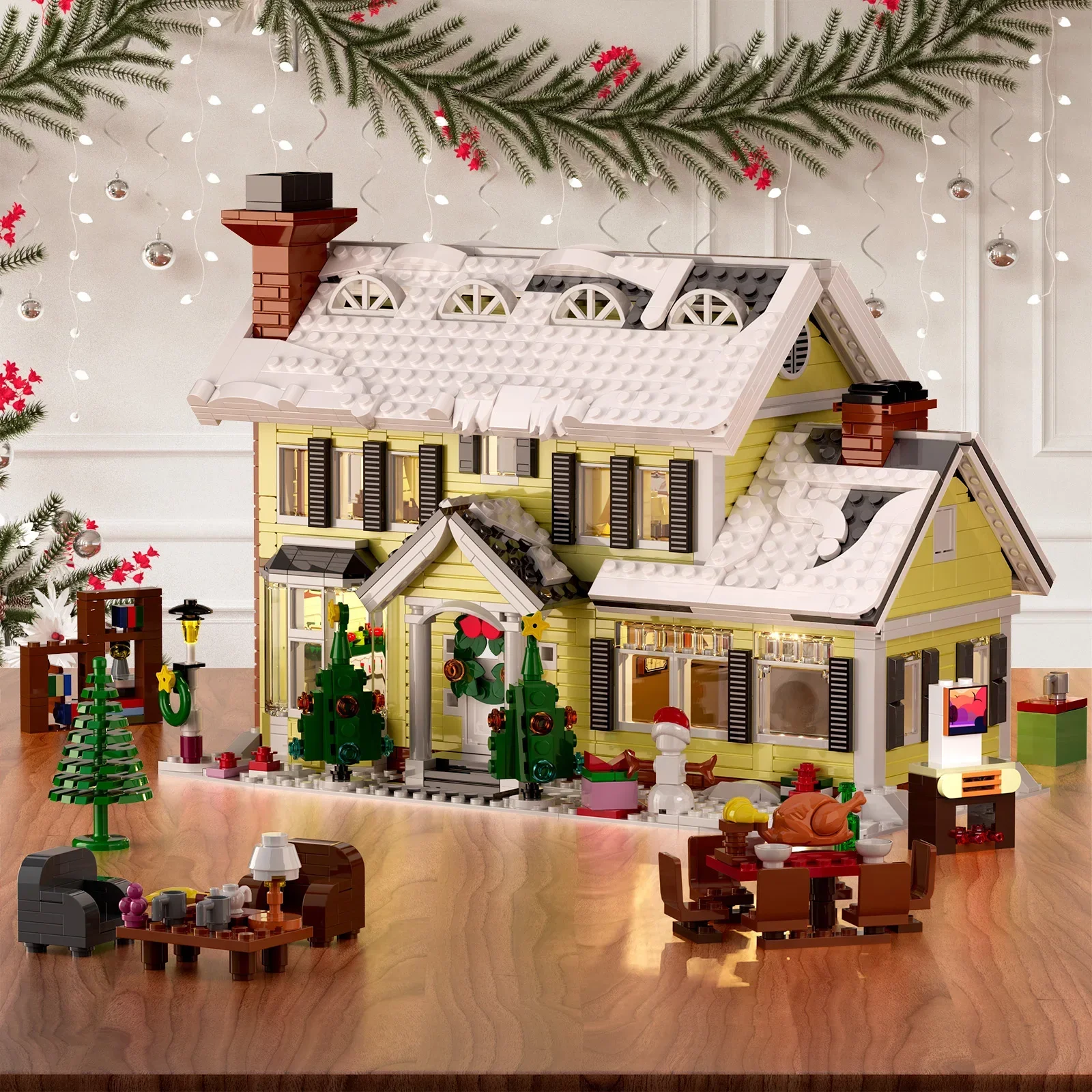 MOC Christmas Snow Village House Building Blocks Winter Resort Street View Idea Set with Light Model Toys Kids Xmas Holiday Gift