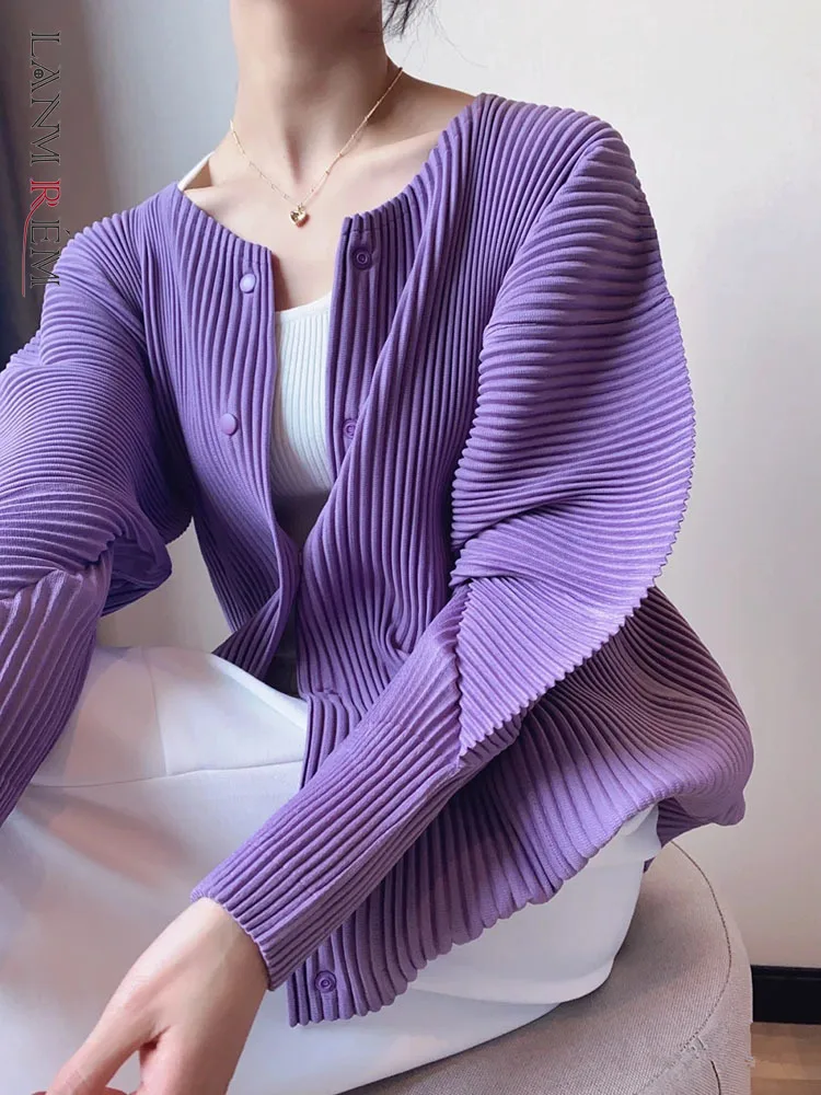 LANMREM Purple Pleated Shirt Loose Minority Buttoned Long Sleeves Round Neck Women\'s Fashion Clothing 2024 Spring New 2R3429